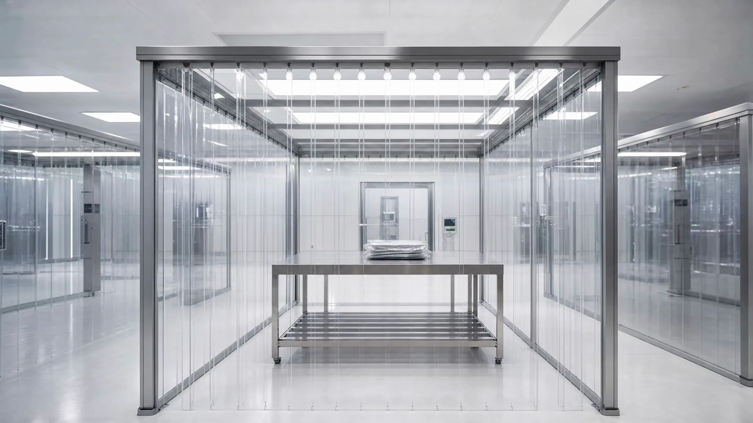 A clean room with clear strip curtains and a stainless steel table holding a sealed pouch