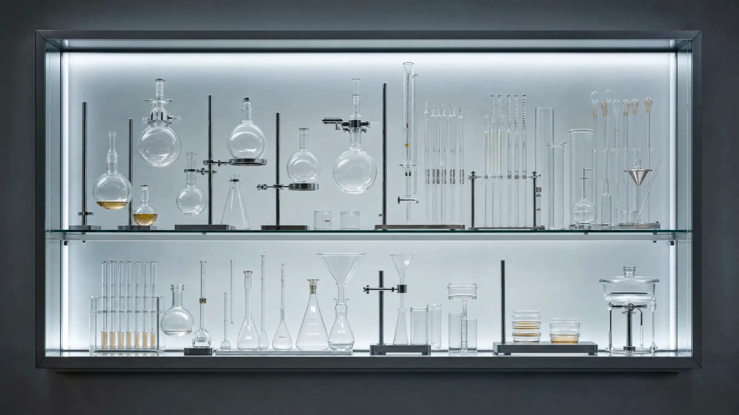 A backlit wall of laboratory glassware on stands and shelves