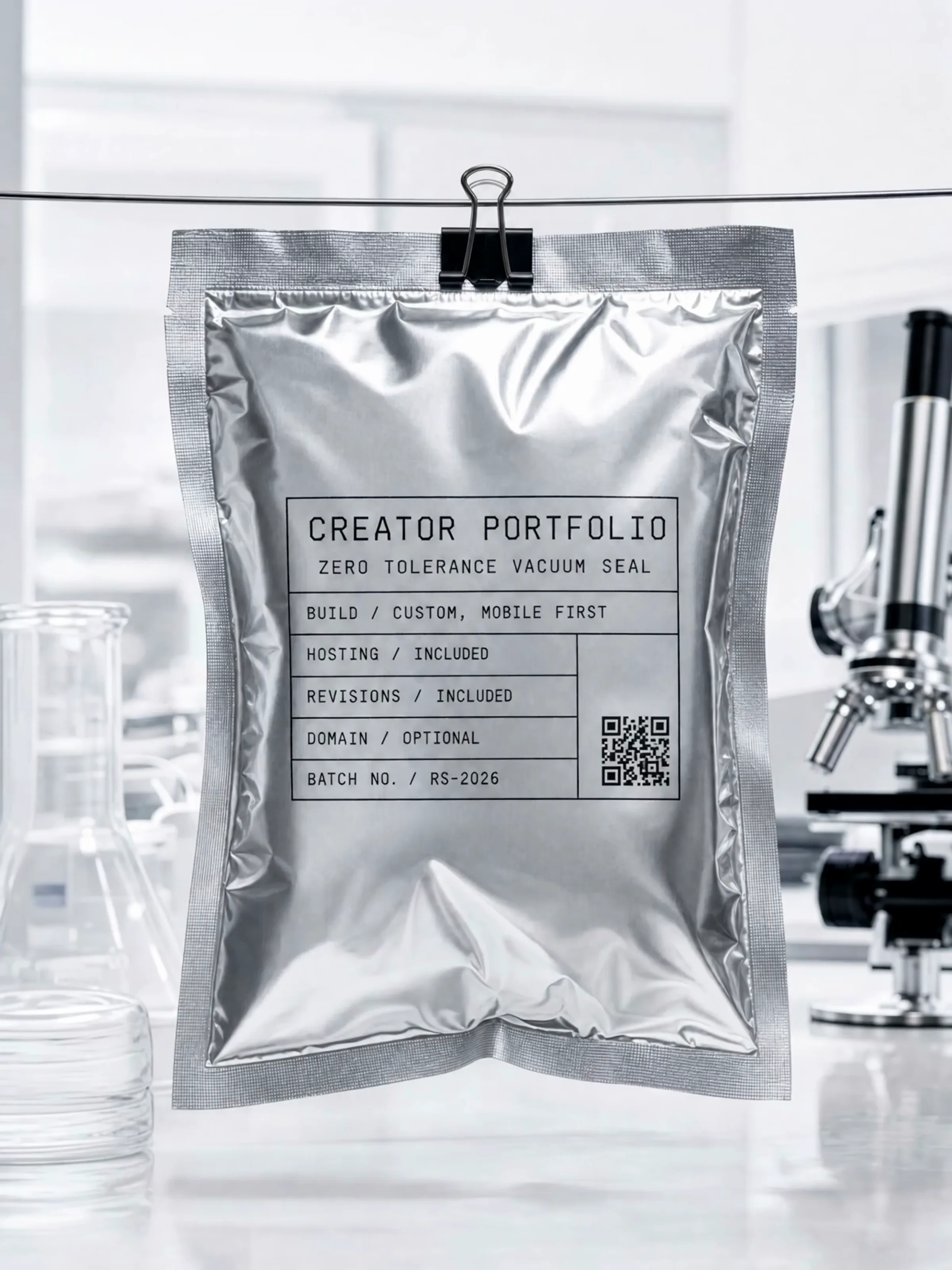 A foil pouch labeled Creator Portfolio, clipped to a line in a lab